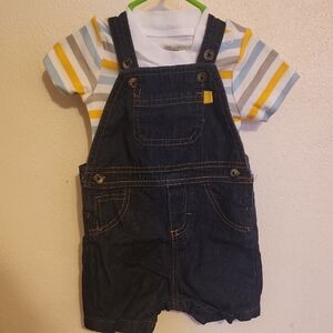 NWOT Denim Short Overalls with Striped Onesie